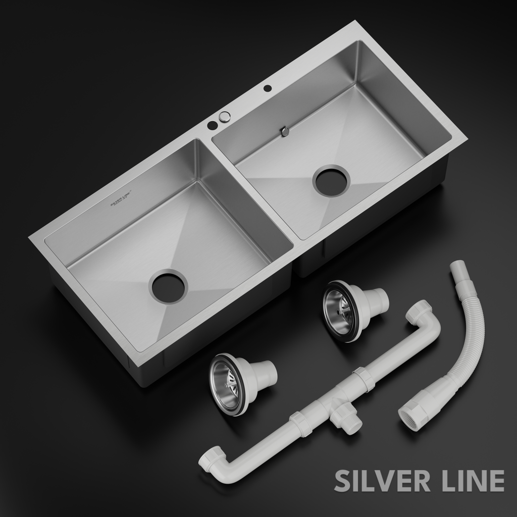 Handmade Double Bowl with Faucet Deck 304 Grade Kitchen Sink (45" x 20" x 9") - main product image