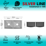 Handmade Double Bowl 304 Grade Kitchen Sink (37" x 18" x 9") - technical drawing