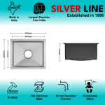 Handmade Single Bowl 304 Grade Kitchen Sink (18" x 18" x 9") - technical drawing