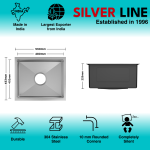 Handmade Single Bowl 304 Grade Kitchen Sink (21" x 18" x 9") - technical drawing