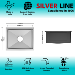 Handmade Single Bowl 304 Grade Kitchen Sink (22" x 18" x 9") - technical drawing