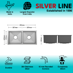 Handmade Double Bowl 304 Grade Kitchen Sink (32" x 18" x 9") - technical drawing