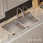 Handmade Double Bowl with Faucet Deck 304 Grade Kitchen Sink (37" x 18" x 9") - lifestyle