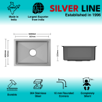 Handmade Single Bowl 304 Grade Kitchen Sink (24" x 18" x 10") - technical drawing