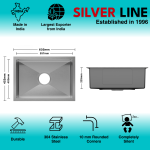 Handmade Single Bowl 304 Grade Kitchen Sink (24" x 18" x 9") - technical drawing