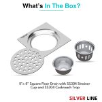Square Floor Drain (Round Cutout) with Cockroach Trap (5" x 5") | SS 304 | Gloss Finish | For Bathroom, Kitchen, Balcony - Silver Line — Without Pipe Hole - box contents