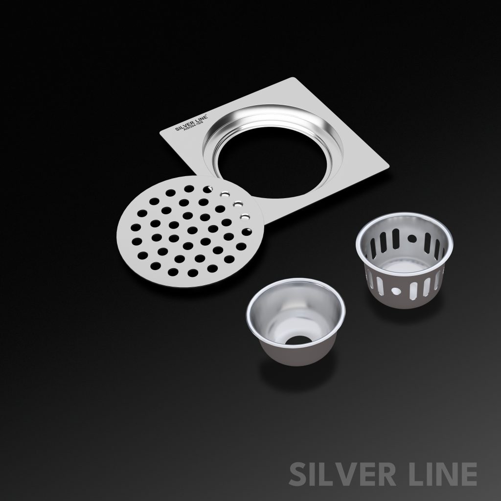 Square Floor Drain (Round Cutout) with Cockroach Trap (5" x 5") | SS 304 | Gloss Finish | For Bathroom, Kitchen, Balcony - Silver Line — Without Pipe Hole - main product image