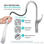 Swan Neck Pull-Down Kitchen Sink Faucet with Two-Function Spray Head - Silver Line - features