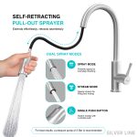 Gooseneck Pull-Down Kitchen Sink Faucet with Two-Function Spray Head - Silver Line - features