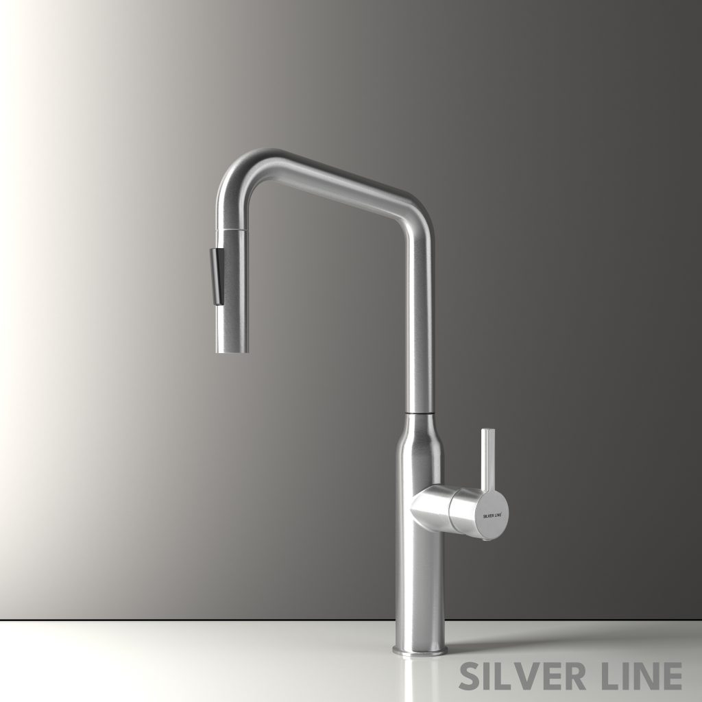 Angled Pull-Down Kitchen Sink Faucet with Two-Function Spray Head - Silver Line - main product image