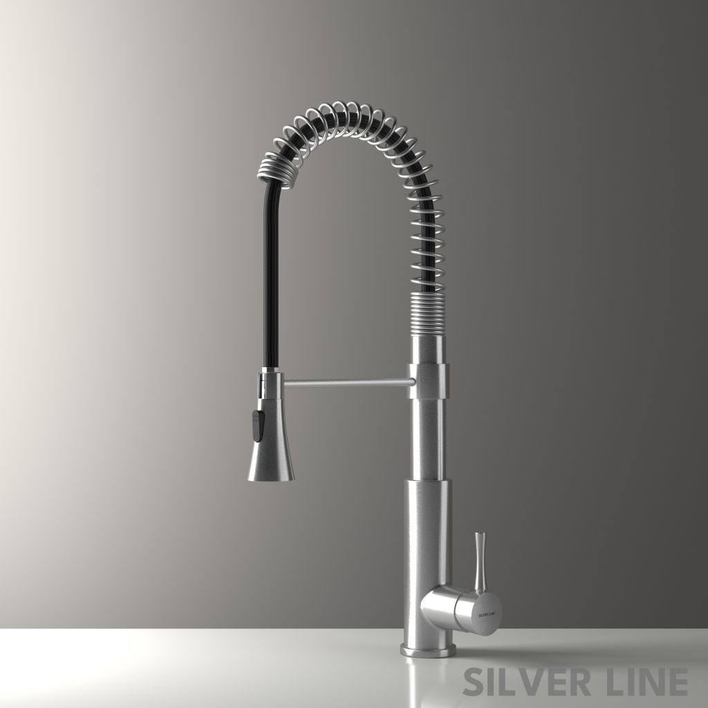 Spiral Coil High-arc Pull-Down Kitchen Sink Faucet with Two-Function Spray Head - Silver Line - main product image
