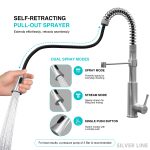 Spiral Coil High-arc Pull-Down Kitchen Sink Faucet with Two-Function Spray Head - Silver Line - features