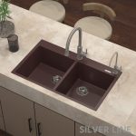 German Quartz Double Bowl Kitchen Sink with Faucet Deck - Coffee (34" x 20" x 9") - lifestyle
