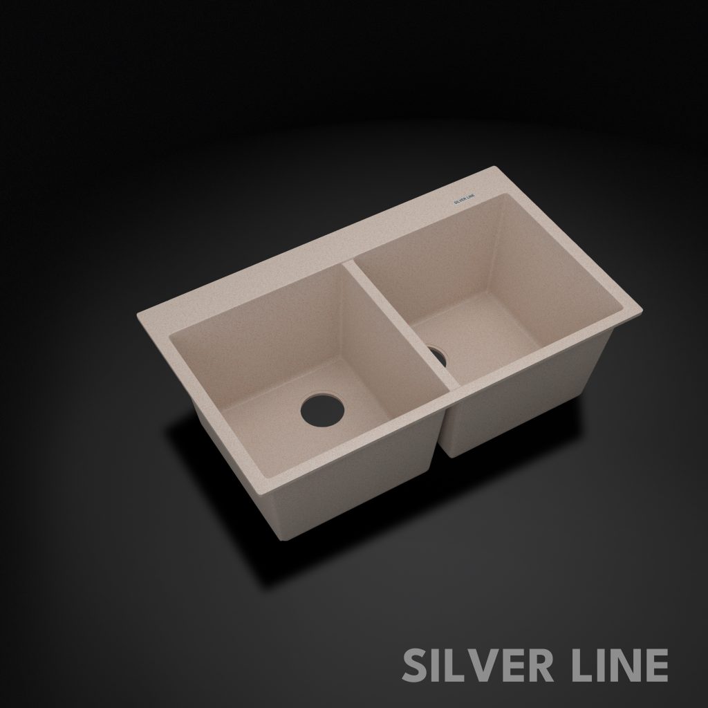 German Quartz Double Bowl Kitchen Sink with Faucet Deck - Cornflakes (34" x 20" x 9") - main product image