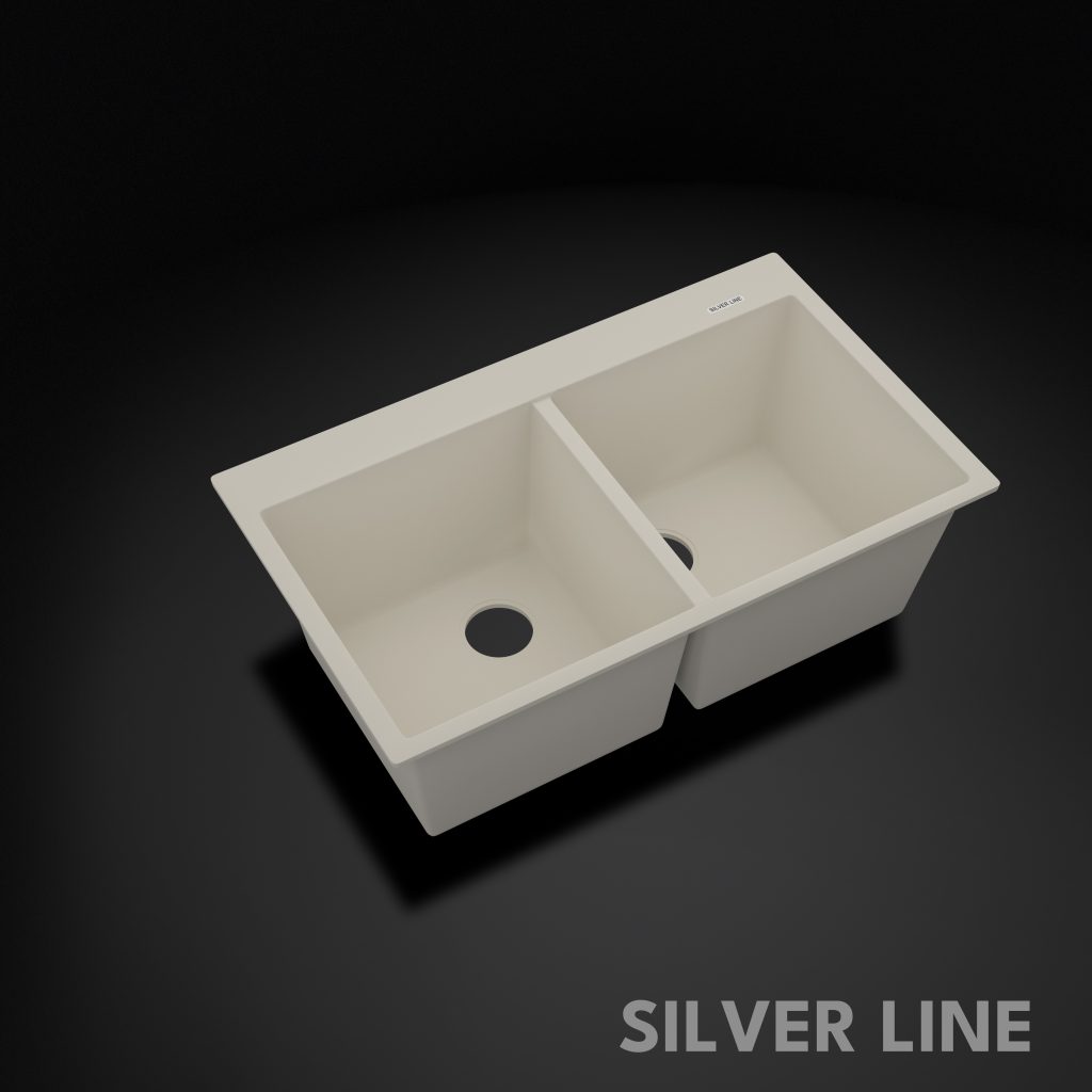 German Quartz Double Bowl Kitchen Sink with Faucet Deck - Ivory (34" x 20" x 9") - main product image