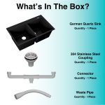 German Quartz Double Bowl Kitchen Sink with Faucet Deck - Midnight Black (34" x 20" x 9") - box contents