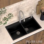 German Quartz Double Bowl Kitchen Sink with Faucet Deck - Midnight Black (34" x 20" x 9") - lifestyle