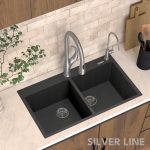 German Quartz Double Bowl Kitchen Sink with Faucet Deck - Starry Night (34" x 20" x 9") - lifestyle
