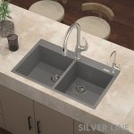 German Quartz Double Bowl Kitchen Sink with Faucet Deck - Slate (34" x 20" x 9") - lifestyle