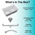 German Quartz Double Bowl Kitchen Sink with Faucet Deck - Snow White (34" x 20" x 9") - box contents