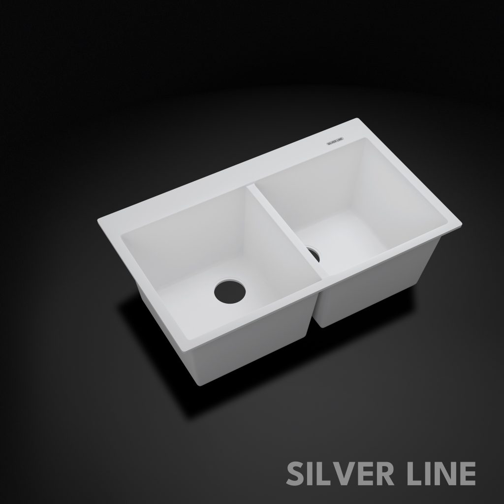 German Quartz Double Bowl Kitchen Sink with Faucet Deck - Snow White (34" x 20" x 9") - main product image