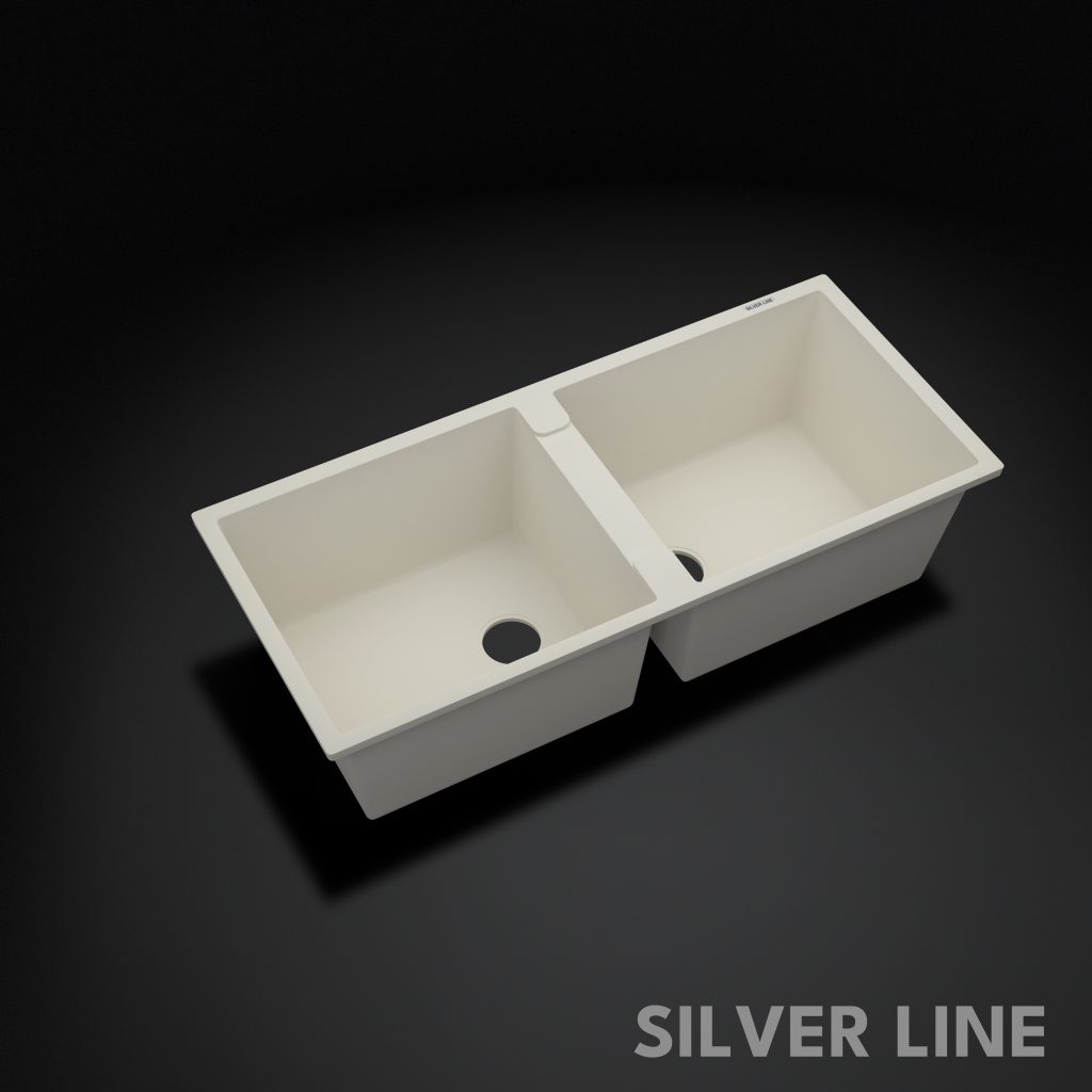German Quartz Double Bowl Kitchen Sink with Faucet Hole - Ivory (45" x 20" x 9") - main product image