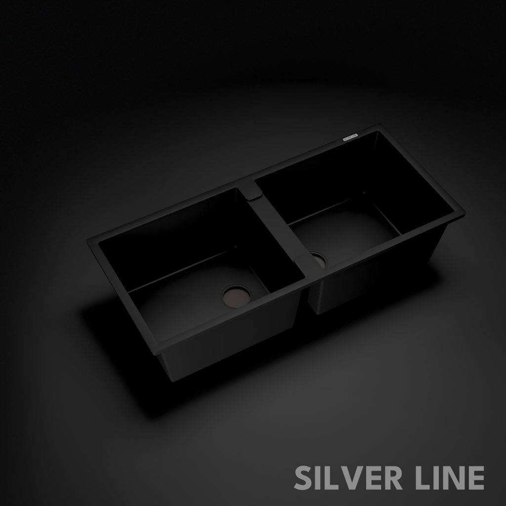 German Quartz Double Bowl Kitchen Sink with Faucet Hole - Midnight Black (45" x 20" x 9") - main product image