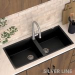 German Quartz Double Bowl Kitchen Sink with Faucet Hole - Midnight Black (45" x 20" x 9") - lifestyle