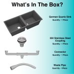 German Quartz Double Bowl Kitchen Sink with Faucet Hole - Slate (45" x 20" x 9") - box contents
