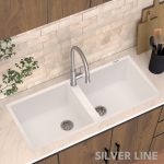 German Quartz Double Bowl Kitchen Sink with Faucet Hole - Snow White (45" x 20" x 9") - lifestyle