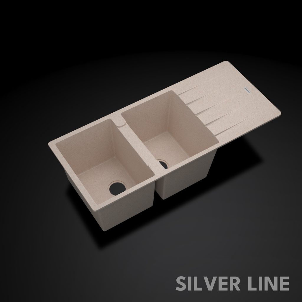 German Quartz Double Bowl Kitchen Sink with Faucet Hole & Drainboard - Cornflakes (46" x 20" x 9") - main product image