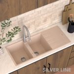 German Quartz Double Bowl Kitchen Sink with Faucet Hole & Drainboard - Cornflakes (46" x 20" x 9") - lifestyle