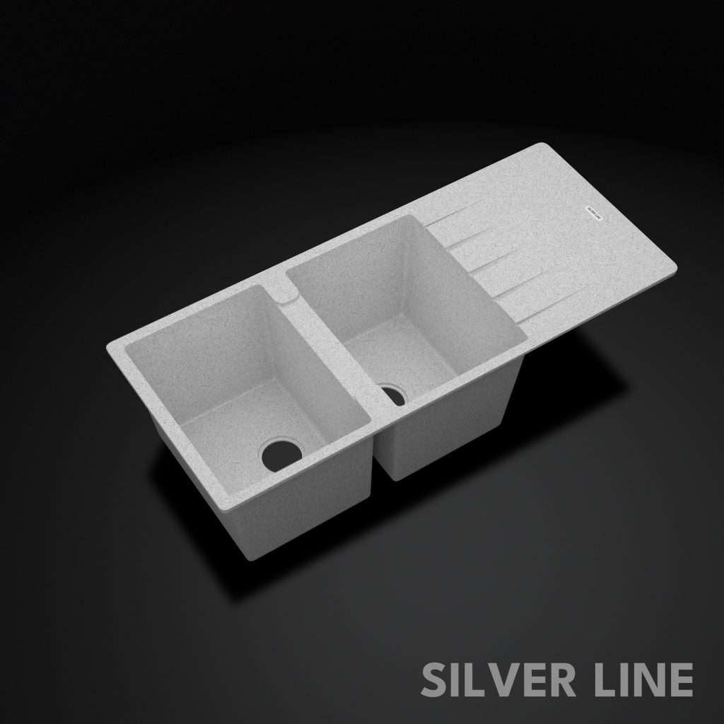 German Quartz Double Bowl Kitchen Sink with Faucet Hole & Drainboard - Crater (46" x 20" x 9") - main product image