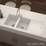 German Quartz Double Bowl Kitchen Sink with Faucet Hole & Drainboard - Crater (46" x 20" x 9") - lifestyle