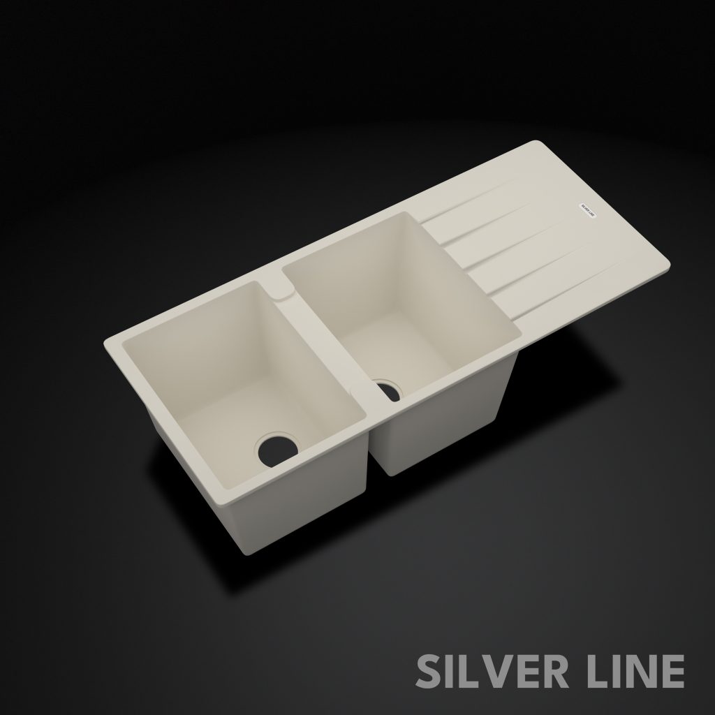 German Quartz Double Bowl Kitchen Sink with Faucet Hole & Drainboard - Ivory (46" x 20" x 9") - main product image