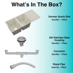 German Quartz Double Bowl Kitchen Sink with Faucet Hole & Drainboard - Ivory (46" x 20" x 9") - box contents