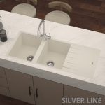 German Quartz Double Bowl Kitchen Sink with Faucet Hole & Drainboard - Ivory (46" x 20" x 9") - lifestyle