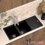 German Quartz Double Bowl Kitchen Sink with Faucet Hole & Drainboard - Midnight Black (46" x 20" x 9") - lifestyle
