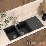 German Quartz Double Bowl Kitchen Sink with Faucet Hole & Drainboard - Starry Night (46" x 20" x 9") - lifestyle
