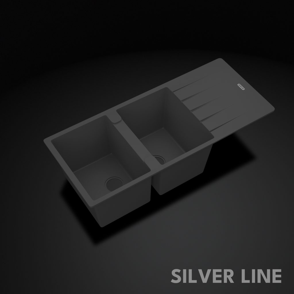 German Quartz Double Bowl Kitchen Sink with Faucet Hole & Drainboard - Slate (46" x 20" x 9") - main product image