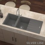 German Quartz Double Bowl Kitchen Sink with Faucet Hole & Drainboard - Slate (46" x 20" x 9") - lifestyle