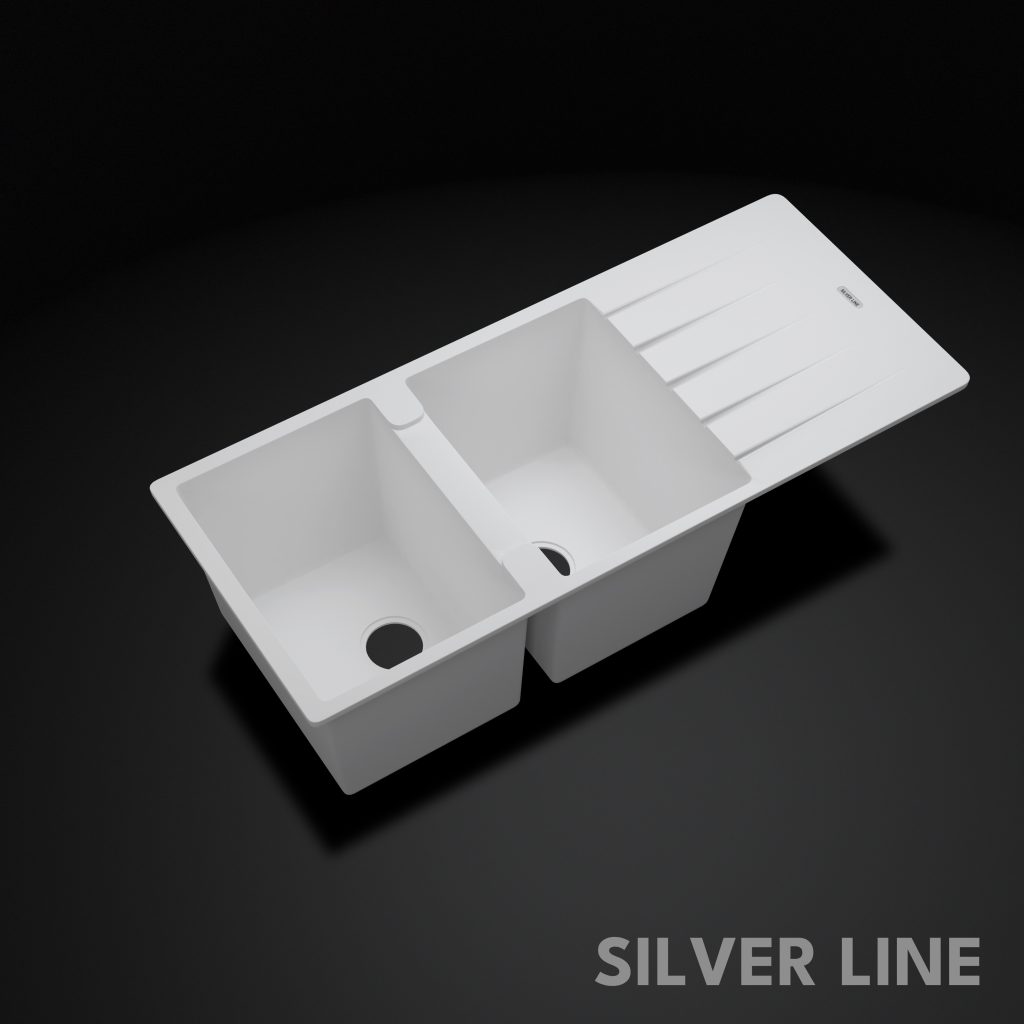 German Quartz Double Bowl Kitchen Sink with Faucet Hole & Drainboard - Snow White (46" x 20" x 9") - main product image