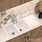 German Quartz Double Bowl Kitchen Sink with Faucet Hole & Drainboard - Snow White (46" x 20" x 9") - lifestyle