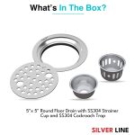 Round Floor Drain with Cockroach Trap (5" x 5") | SS 304 | Gloss Finish | For Bathroom, Kitchen, Balcony - Silver Line — Without Pipe Hole - box contents