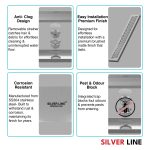Linear Shower Channel Drain | 304 Stainless Steel | Wave Pattern Grating with Cockroach Trap - Silver Line — 24" x 4" / Side Hole - features