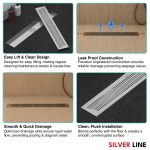 Linear Shower Channel Drain | 304 Stainless Steel | Wave Pattern Grating with Cockroach Trap - Silver Line — 24" x 4" / Side Hole - features
