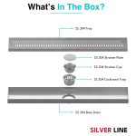 Linear Shower Channel Drain | 304 Stainless Steel | Wave Pattern Grating with Cockroach Trap - Silver Line — 24" x 4" / Side Hole - box contents