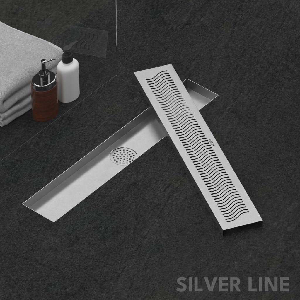 Linear Shower Channel Drain | 304 Stainless Steel | Wave Pattern Grating with Cockroach Trap - Silver Line — 24" x 4" / Side Hole - main product image