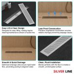 Linear Shower Channel Drain | 304 Stainless Steel | Square Perforated Grating with Cockroach Trap - Silver Line — 24" x 4" / Center Hole - features