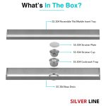 Tile Insert Shower Drain Channel | 304 Stainless Steel | Invisible Shower Channel with Cockroach Trap - Silver Line — 24" x 4" / Side Hole - box contents
